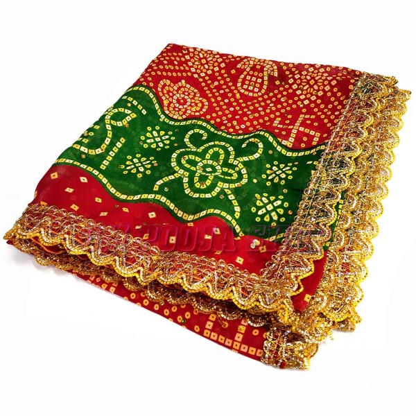 Red Green Multicolor Bandhani Chunri with Golden Border